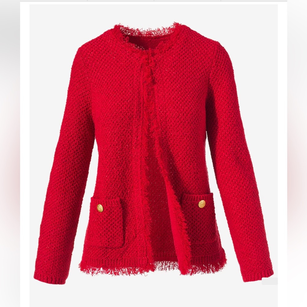 Chico’s Sparkle Fringe-Trim Red Cardigan/Boucle Sweater Size 3